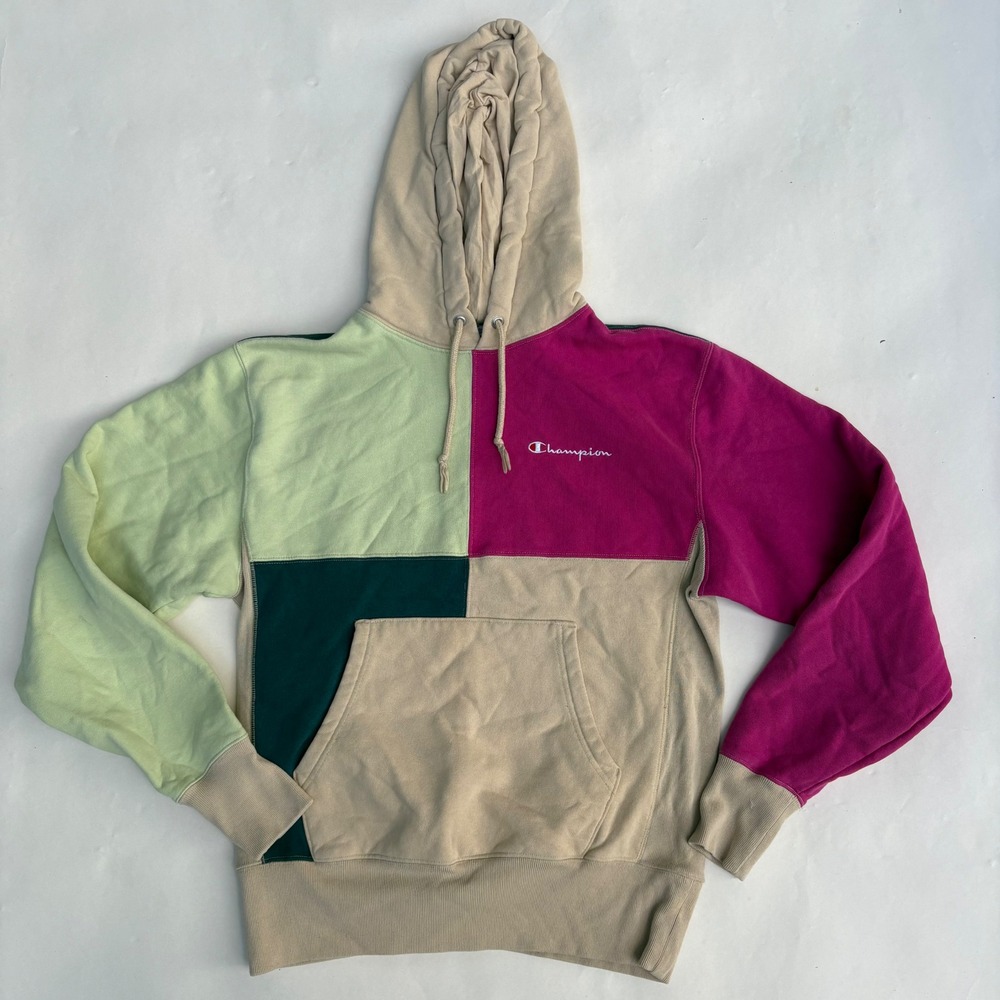 Champion Reverse Weave Colorblock Hoodie Mens Medium Pink Tan Green